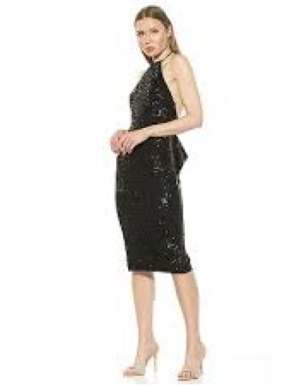 Alexia Admor Black Sequin Halter Midi Dress Open Back Size 14
